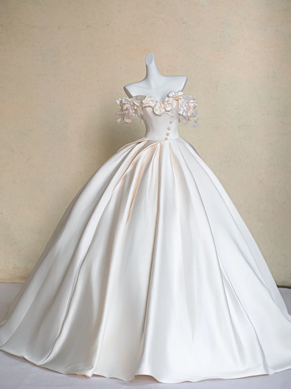 White satin tube top three-dimensional flower waist slim fit puffy long dress bridal gown R5723
