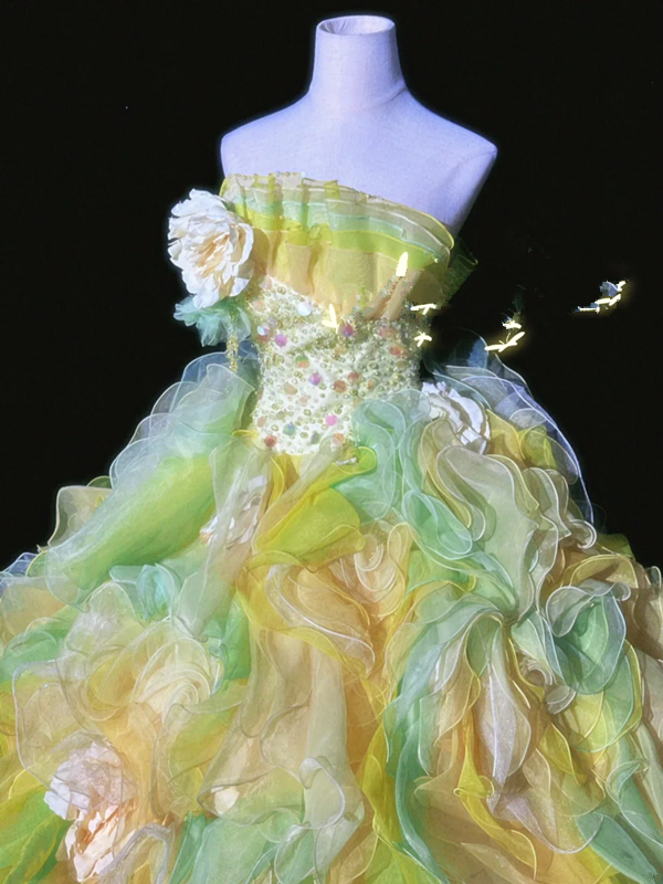 Yellow-green strapless, fitted waist, puffy cake skirt, long ball gown R8700