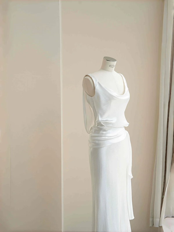 White suspenders elegant classic hip-wrapped long skirt, prom dress R5682