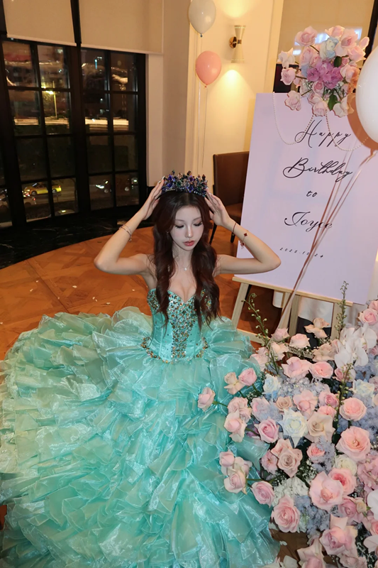 Blue strapless fitted waist princess skirt ball gown R6397