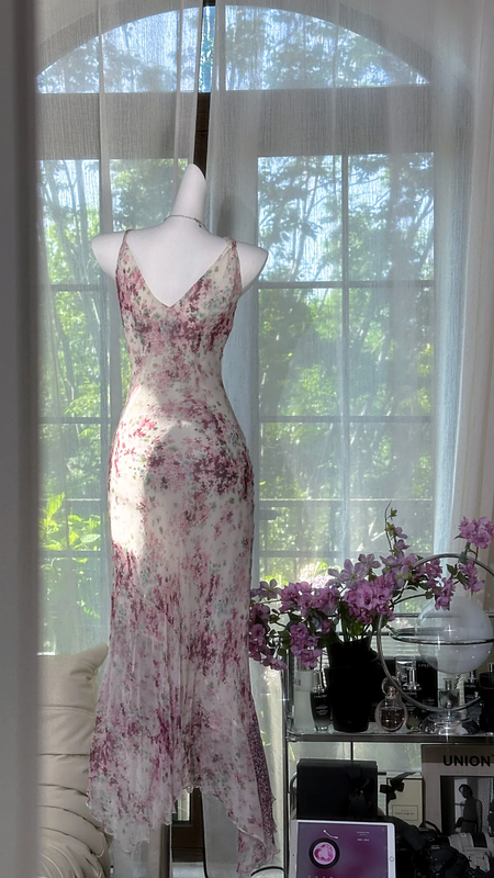 Light purple floral print halter-neck fitted bodycon long ball gown R7632