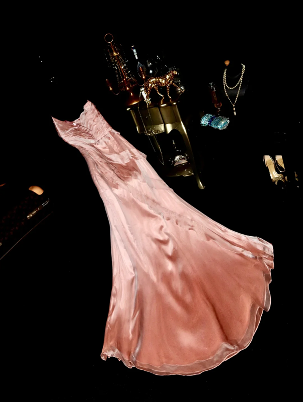Pink strapless fitted satin long ball gown R6875