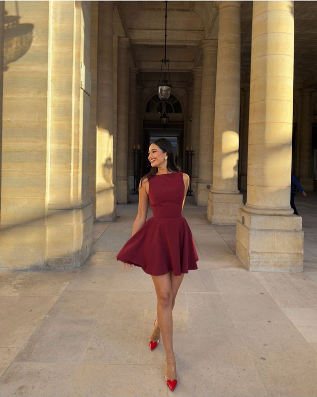 Dark red sleeveless slim waist A-line short skirt homecoming dress R5526