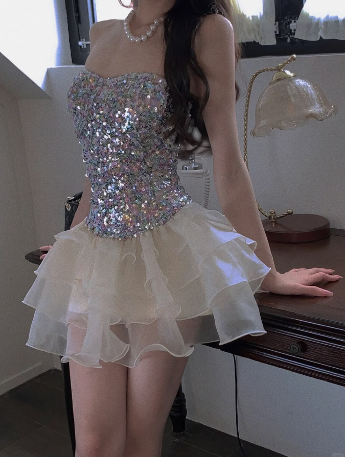 Glitter Sequins Women's Homecoming Dress Sliver Corset Short Prom Dress Party Dress RS2736