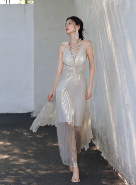 Elegant White A-Line V-neck Maxi Evening Dress Prom Dress RS464