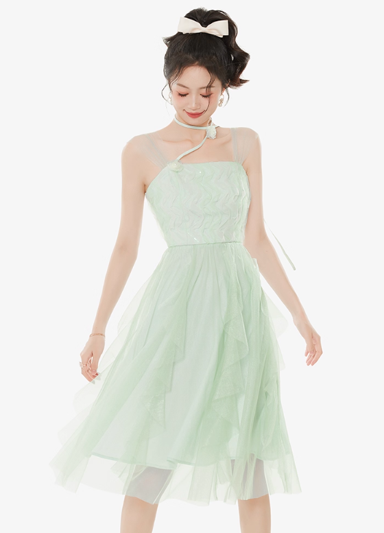 Women's summer suspender dress with ruffled sleeveless niche temperament mid-length skirt R4179