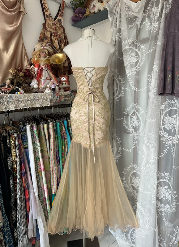 Champagne-colored strapless classic mermaid dress, fitted waist design, ball gown R6357