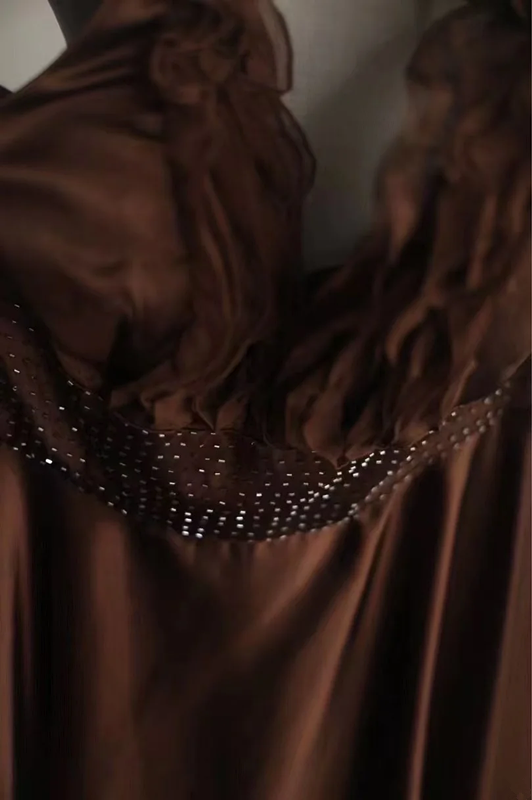 Brown halter neck fitted waist short ball gown R6797