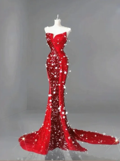 Red strapless, fitted, bodycon mermaid-style long ball gown R6479