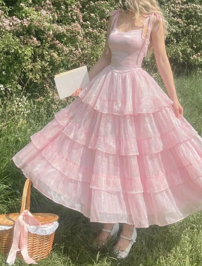 Gentle Ruffled Prom Gown Pink Women's Maxi Evening Dress Birthday Dress RS2815