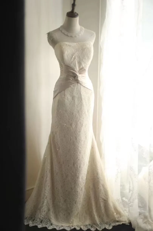 White strapless fitted waist slim-fitting lace skirt long ball gown R6798