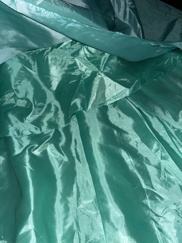 Lake blue satin strapless fitted long ball gown R6918