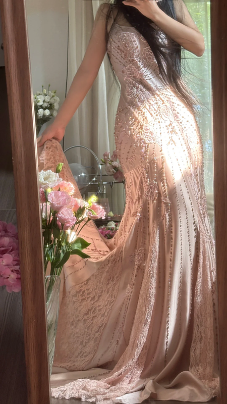 Light pink halter-neck fitted long ball gown with rhinestones - sexy and slimming R7786