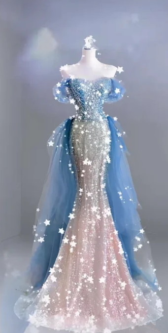 Pink-Blue Ombre Off-the-Shoulder Waist-Cinched Slim-Fit Bodycon Sexy Ball Gown R7157