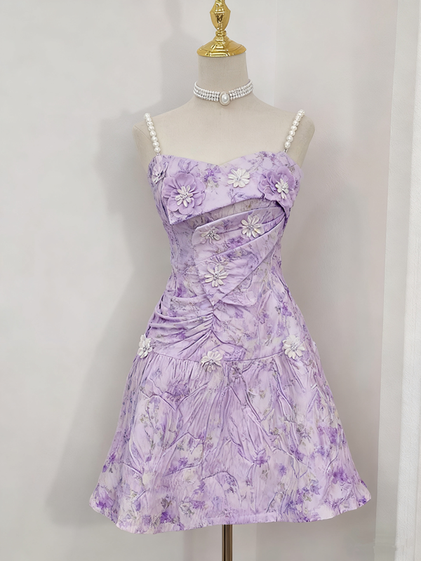 White pearl suspenders irregular neckline pattern design slim A-line homecoming dress R2548