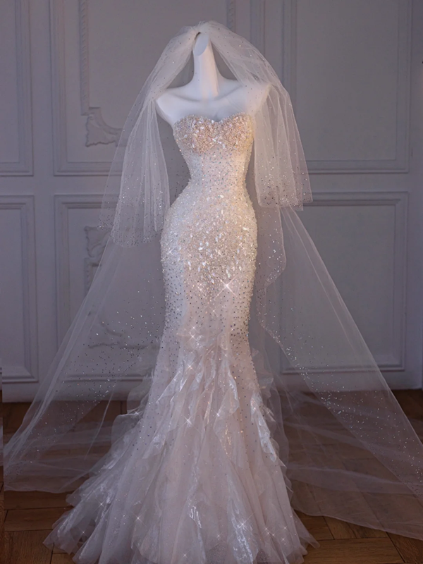 White tube top diamond waist slim hip fishtail dress bridal gown R5841