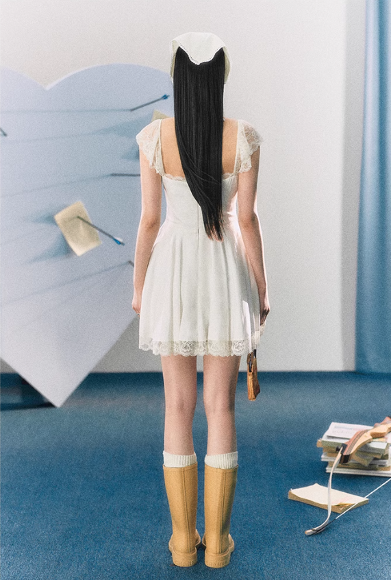 French pure desire style white lace waist slimming suspender dress R3321