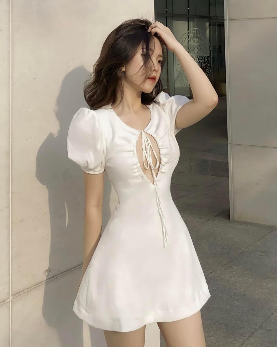 White puff sleeves hollow waist slim A-line mini skirt homecoming dress R3918