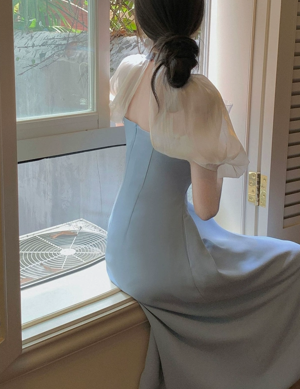 Blue halter neck square neck puff sleeve dress S5799