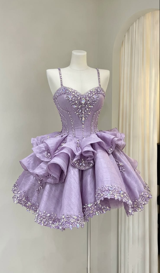 High End Beaded Ruffled Women's Homecoming Dress Purple Corset Short Prom Dress Birthday Dress RS2683