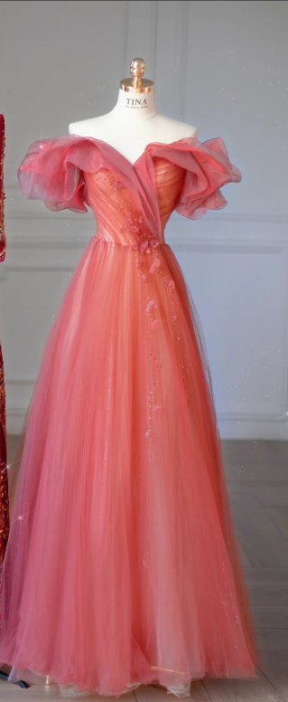 Orange-Red Off-the-Shoulder Fitted-Waist Slim-Fit A-Line Long Prom Dress / Bridal Gown R5919