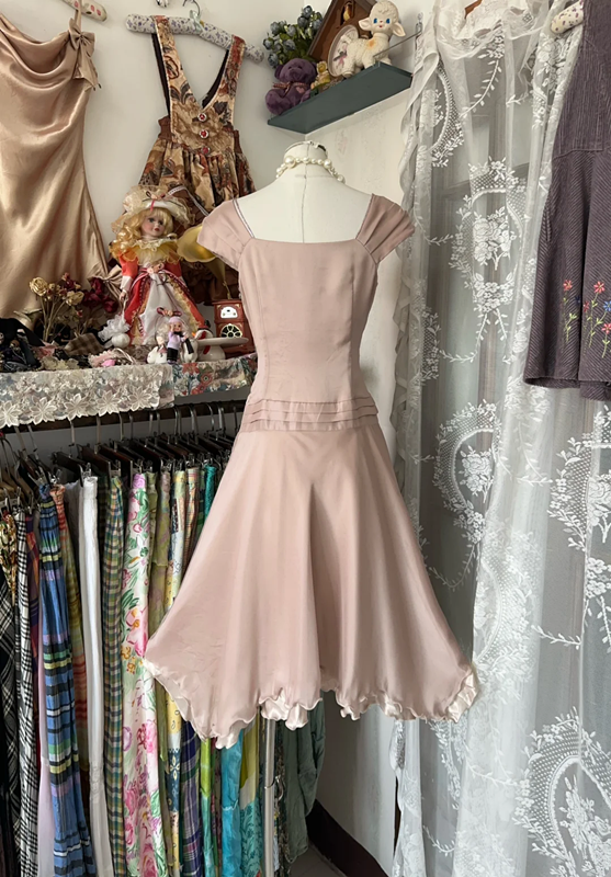 Pink sleeveless fitted waist asymmetrical hem short skirt, a ball gown R6359