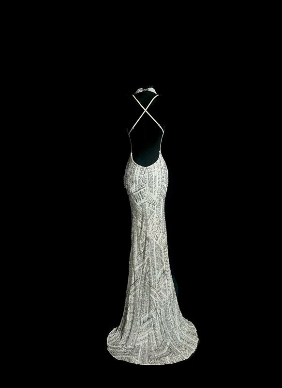 Silver halter-neck beaded fitted waist bodycon long ball gown R6640