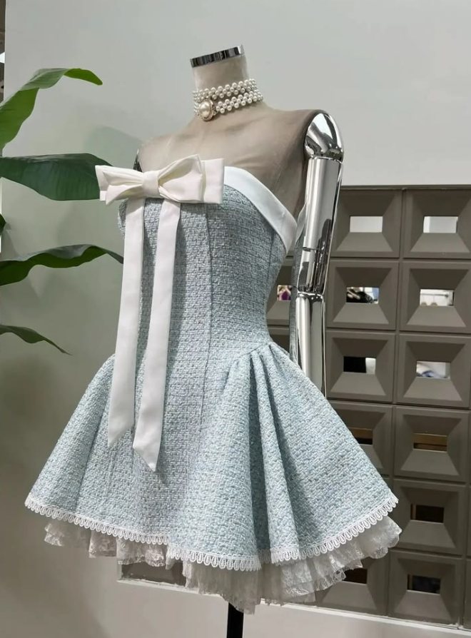 Tweed Cute Women's Homecoming Dress Blue Corset Short Prom Dress Birthday Dress RS2439