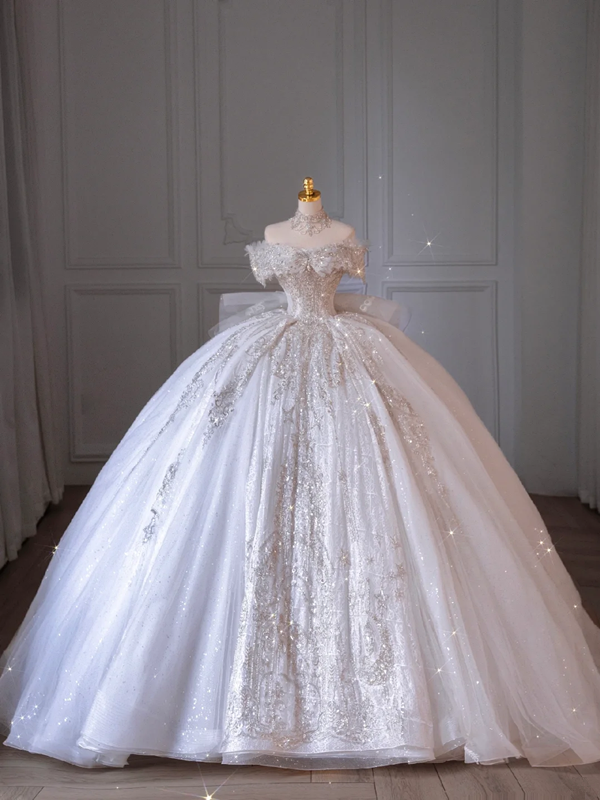 White bottom diamond one shoulder slim waist puffy skirt long dress bridal dress R5880