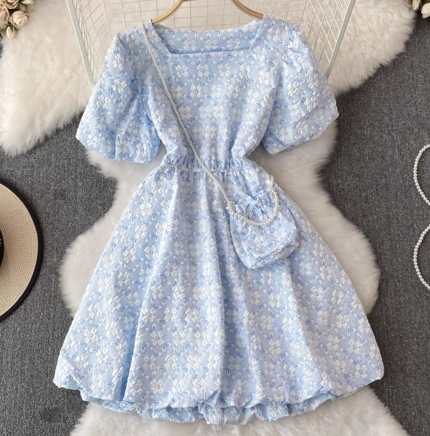 French retro temperament puff sleeve square neck waist slim dress petite short puffy princess dress R0354