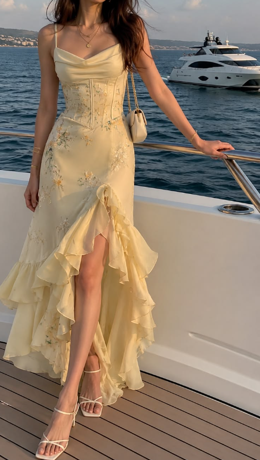 French Chic Yellow Ruffled Sheath Spaghetti Straps Embroidery Corset Maxi Prom Dress Evening Dress RS479