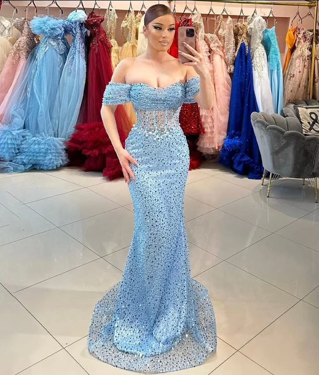 Sexy Baby Blue Sequin Mermaid Bateau Corset Maxi Prom Dress Evening Dress RS483