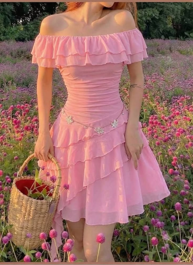 Flowy Chiffon Frilled Women's Homecoming Dress Barbie Pink Corset Short Prom Dress Party Dress RS2684