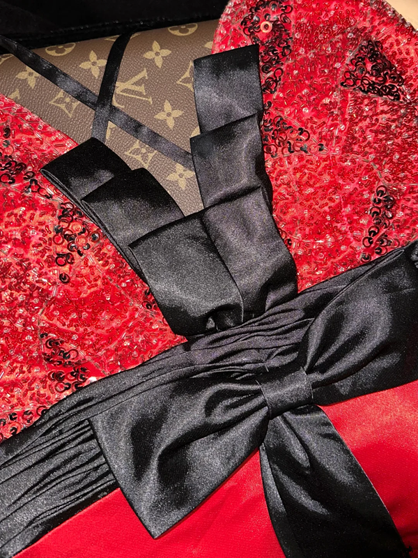 Red sequined halter-neck fitted long ball gown R6401