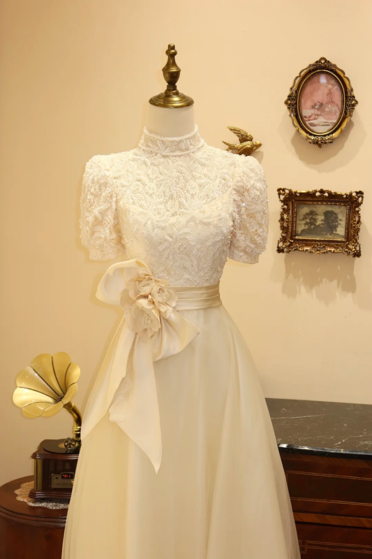 White fitted A-line long ball gown R7193