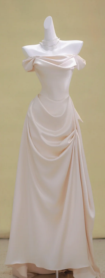 Pink one-shoulder slim waist satin pleated maxi bridal dress R5768