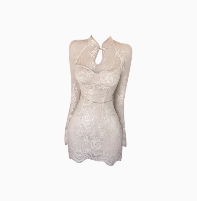 New Chinese style buttoned lace long-sleeved dress 2025 pure waist hip skirt R1309