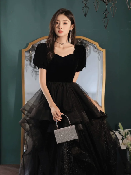 Elegant Tulle Tiered Prom Gown Black Women's Maxi Evening Dress Birthday Dress RS2785
