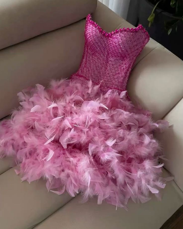 Barbie pink tube top waist sequins slim feather skirt short skirt homecoming dress R3408
