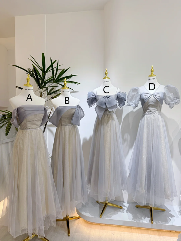 Gray waist-cinched, slim-fit ball gown with a light yellow lining, bridesmaid dress R5963