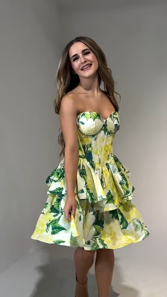 Yellow-green floral tube-top waisted A-line mini skirt homecoming dress R5570