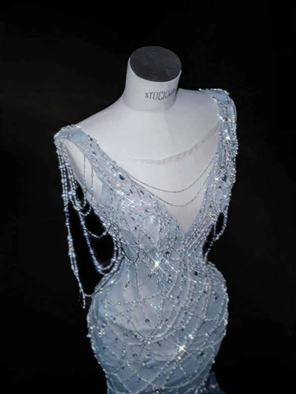 Light blue V-neck diamond waist slim fit hip fishtail elegant long skirt, prom dress R5651