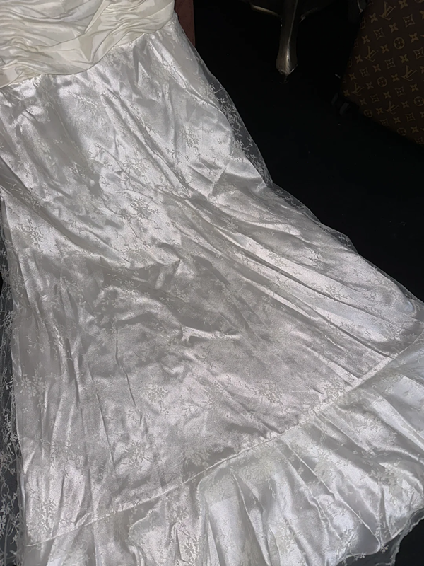 White strapless, fitted, long ball gown with pleats R7040