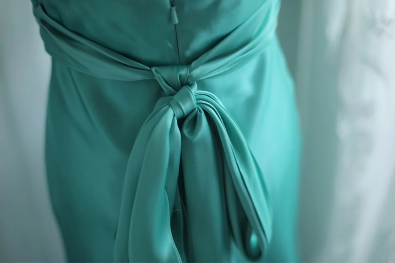 Lake blue halter neck fitted waist long ball gown R6801