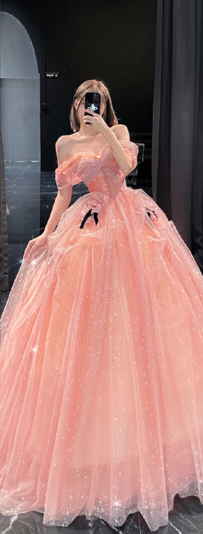 Pink Sequin Off-the-Shoulder Fitted-Waist Slim-Fit Puffy Hem Long Prom Dress / Bridal Gown R5921