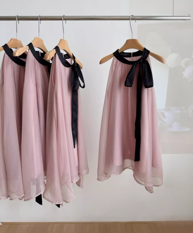Classic pink and black halter neck dress gentle temperament skirt long skirt for women R0293