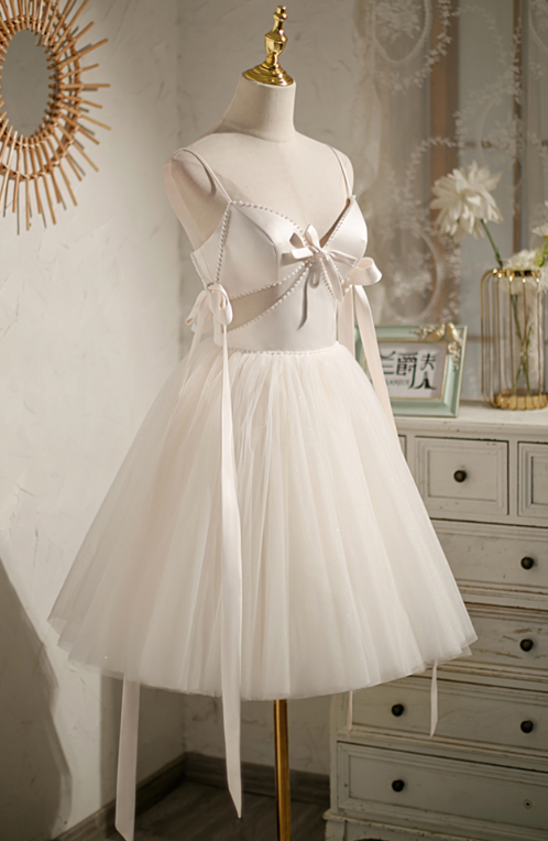 White Elegant Homecoming Dress ,Silky Bow Decor Corset Short Prom Dress RS1679