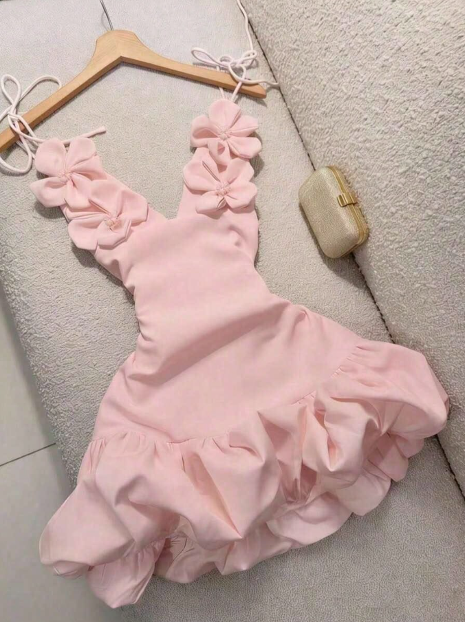 Sweet Blush Pink Ruffled A-line V-neck Corset Mini Prom Dress Homecoming Dress RS491
