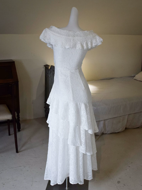 French Chic White Ruffled A-Line V-neck Lace Maxi Prom Dress Summer Dress RS513