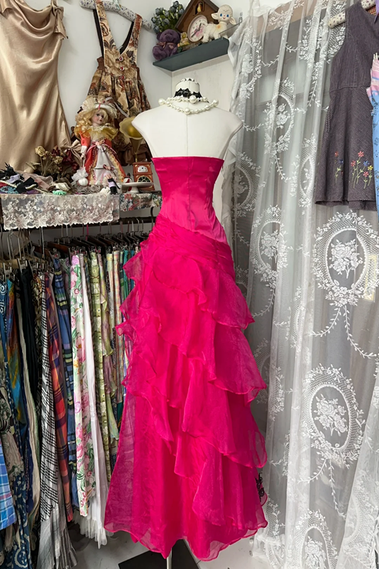 Rose pink strapless fitted tiered maxi dress, ball gown R6323